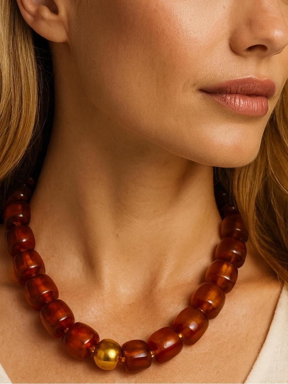 Amber Beaded Necklace with Gold Accent